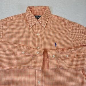 Ralph Lauren Long Sleeve Shirt‎ Mens Medium Blue Pony Gingham Check Orange White